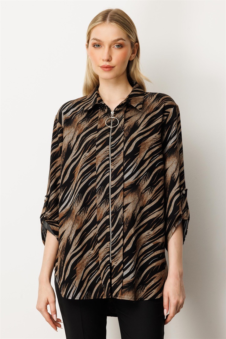 Mutlu Ertan Kadın Desenli Fermuarlı Gömlek Siyah - Kahve 30424