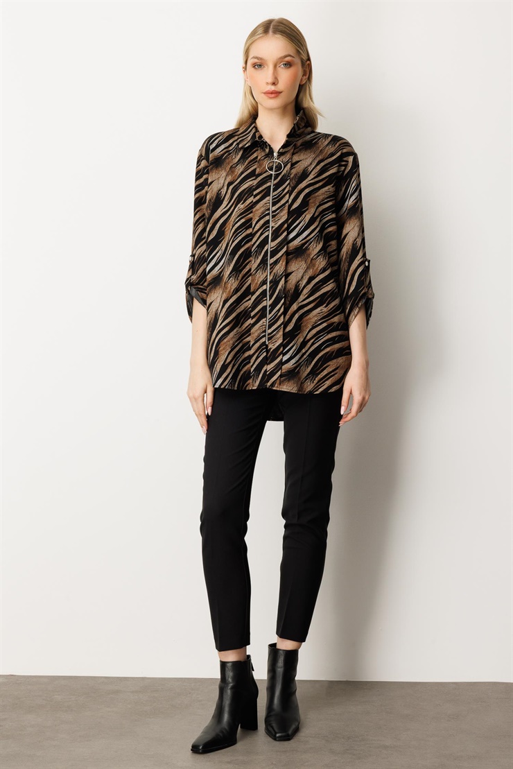 Mutlu Ertan Kadın Desenli Fermuarlı Gömlek Siyah - Kahve 30424