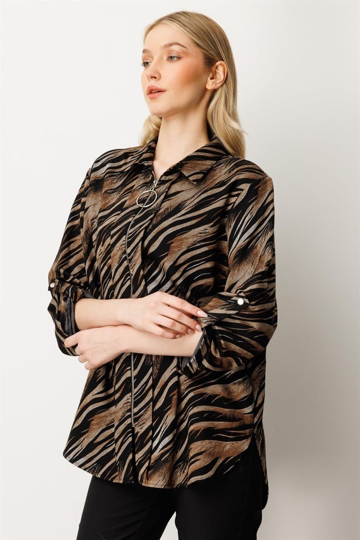 Mutlu Ertan Kadın Desenli Fermuarlı Gömlek Siyah - Kahve 30424