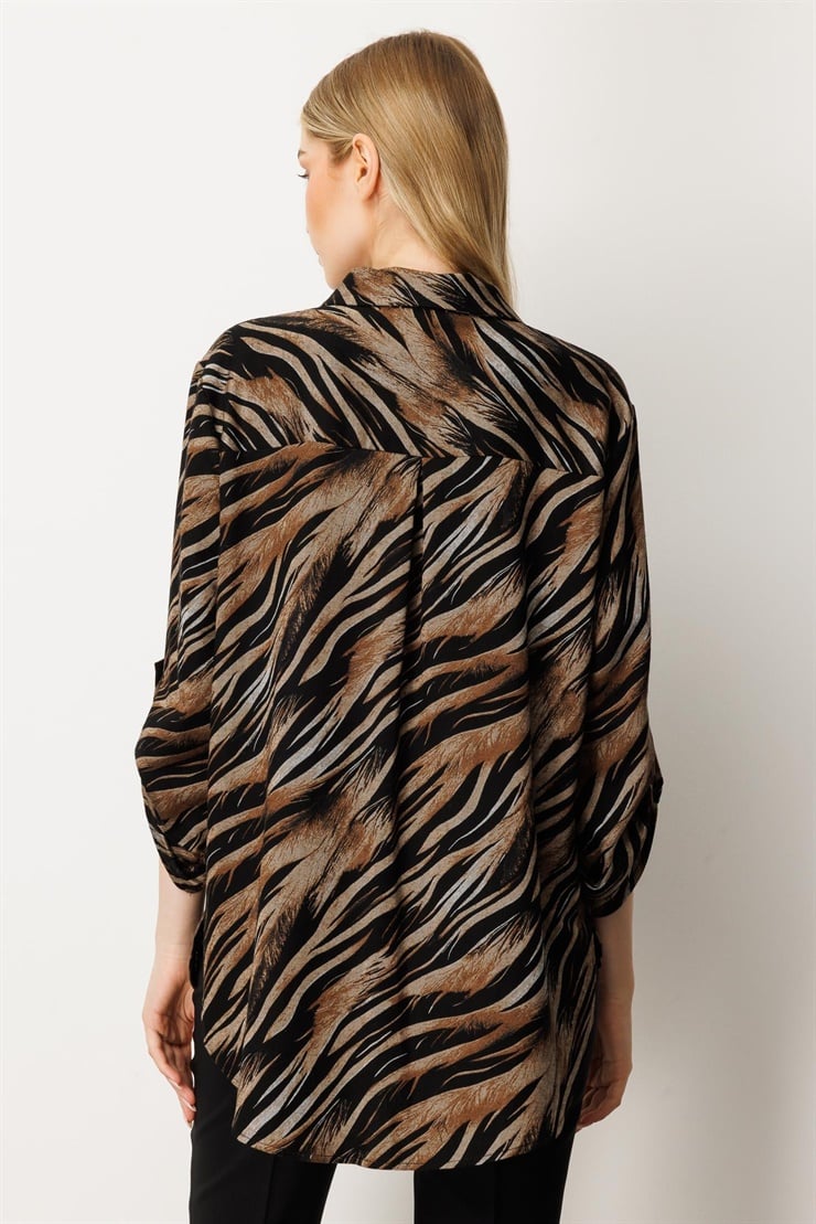 Mutlu Ertan Kadın Desenli Fermuarlı Gömlek Siyah - Kahve 30424