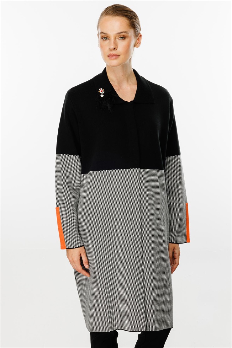 Mutlu Ertan Kadın Desenli Gömlek Yaka Uzun Triko Hırka Siyah-Ekru 2703