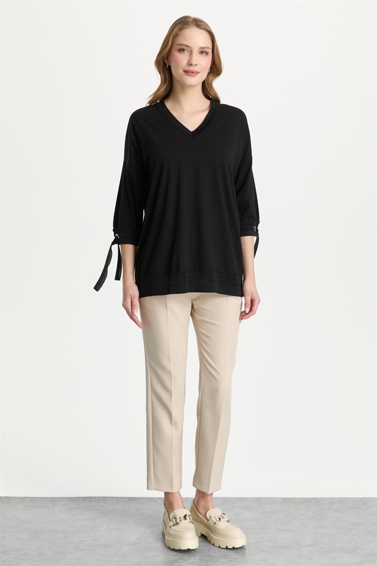 Mutlu Ertan Kadın Desenli Ribanalı Bluz Siyah 30375