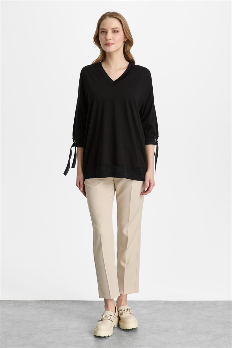 Mutlu Ertan Kadın Desenli Ribanalı Bluz Siyah 30375