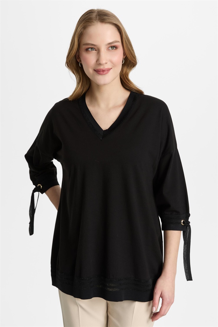 Mutlu Ertan Kadın Desenli Ribanalı Bluz Siyah 30375