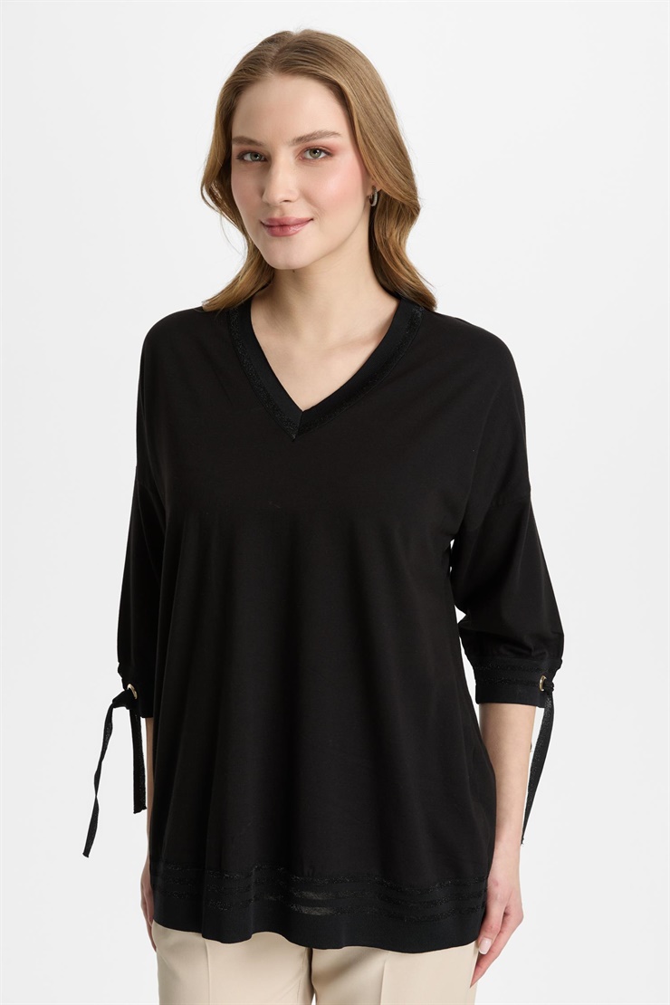 Mutlu Ertan Kadın Desenli Ribanalı Bluz Siyah 30375