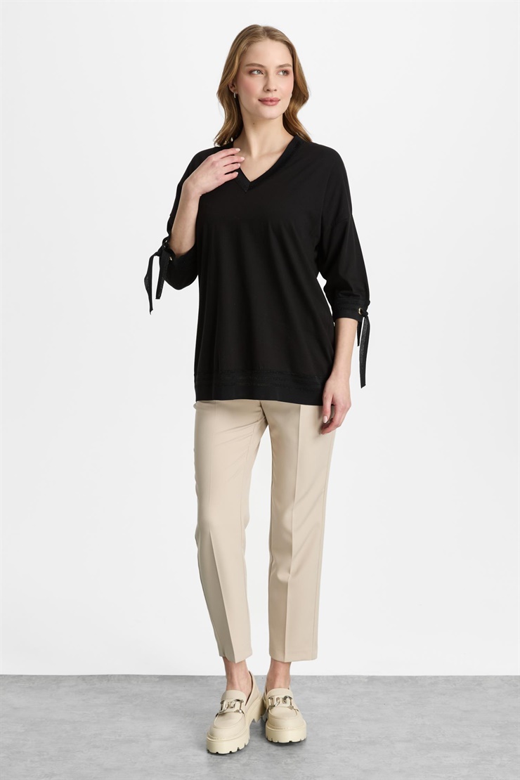 Mutlu Ertan Kadın Desenli Ribanalı Bluz Siyah 30375