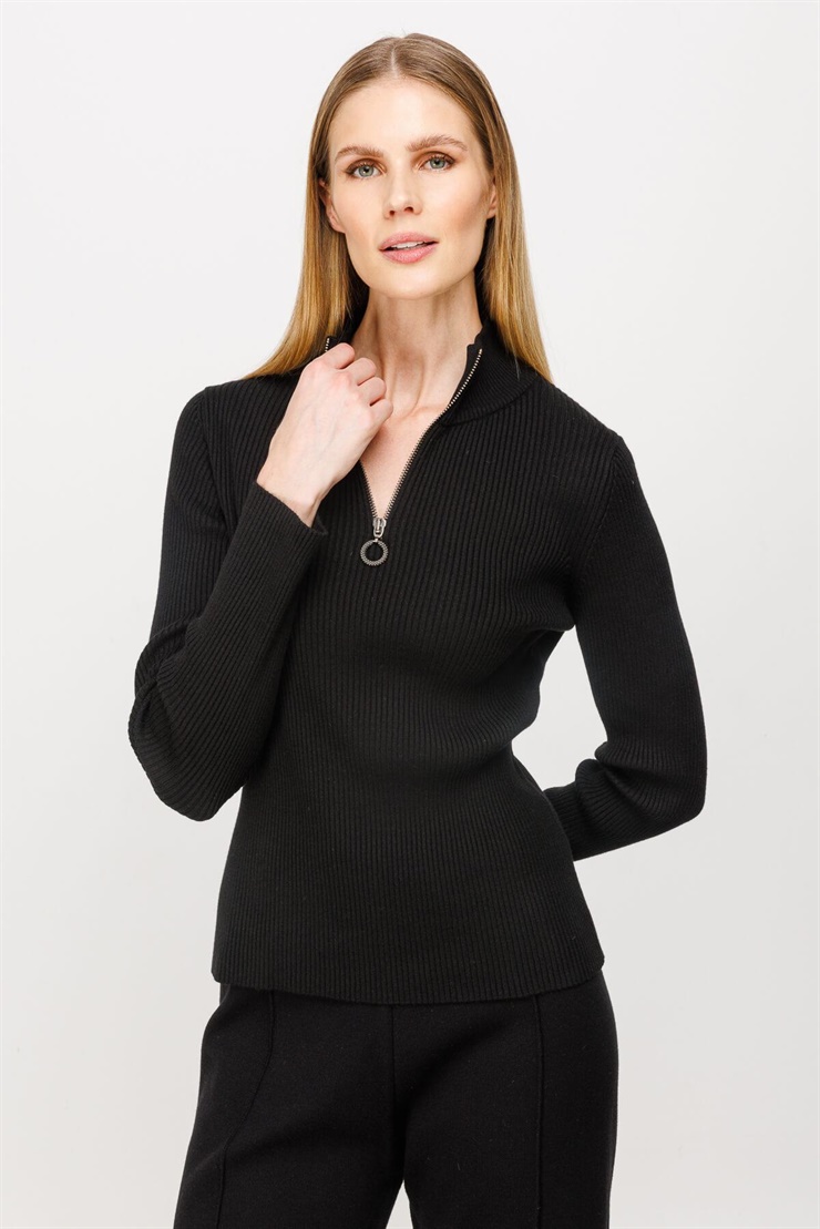 Mutlu Ertan Kadın Dik Yaka Fermuarlı Kazak Siyah 20062