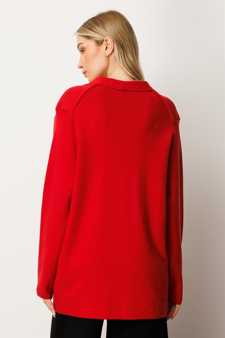 Mutlu Ertan Kadın Düğme Detaylı Triko Ceket Kırmızı 20235
