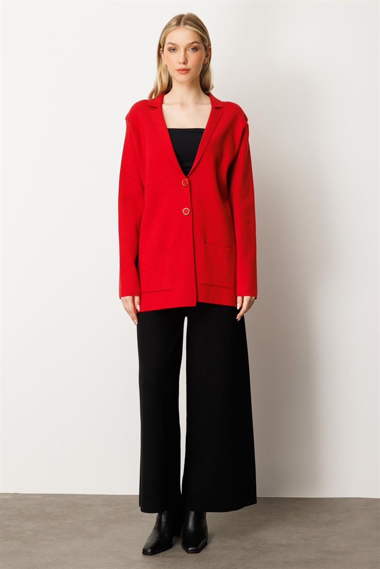 Mutlu Ertan Kadın Düğme Detaylı Triko Ceket Kırmızı 20235