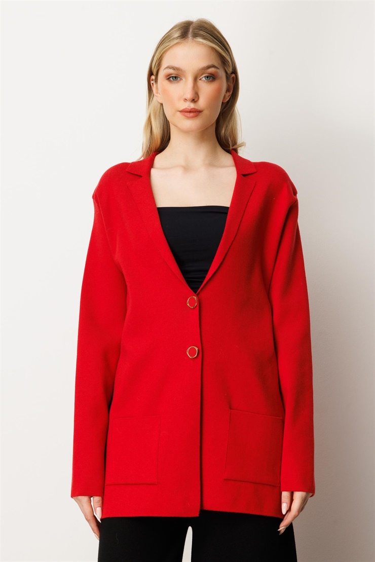 Mutlu Ertan Kadın Düğme Detaylı Triko Ceket Kırmızı 20235