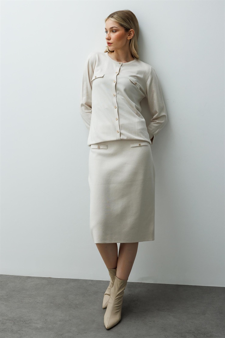 Mutlu Ertan Kadın Düğme Detaylı Triko Etek Taş 20232