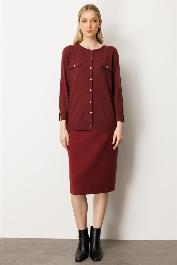 Mutlu Ertan Kadın Düğme Detaylı Triko Etek Bordo 20232