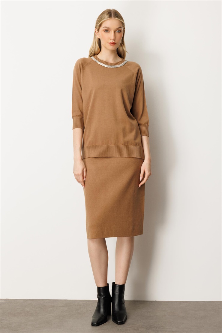 Mutlu Ertan Kadın Düğme Detaylı Triko Etek Camel 20232