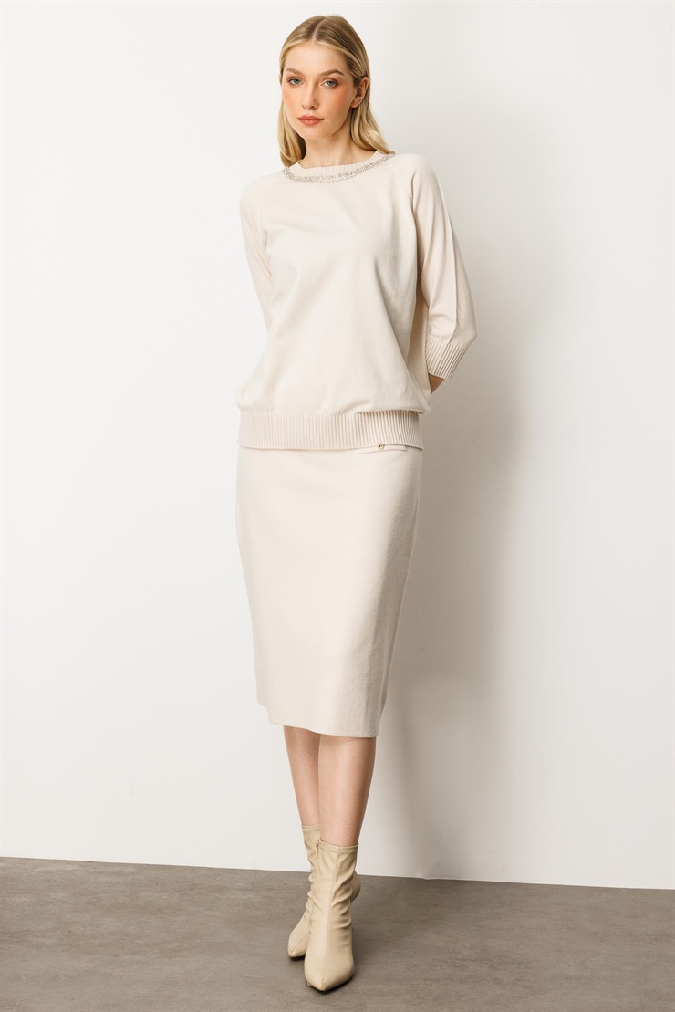 Mutlu Ertan Kadın Düğme Detaylı Triko Etek Taş 20232
