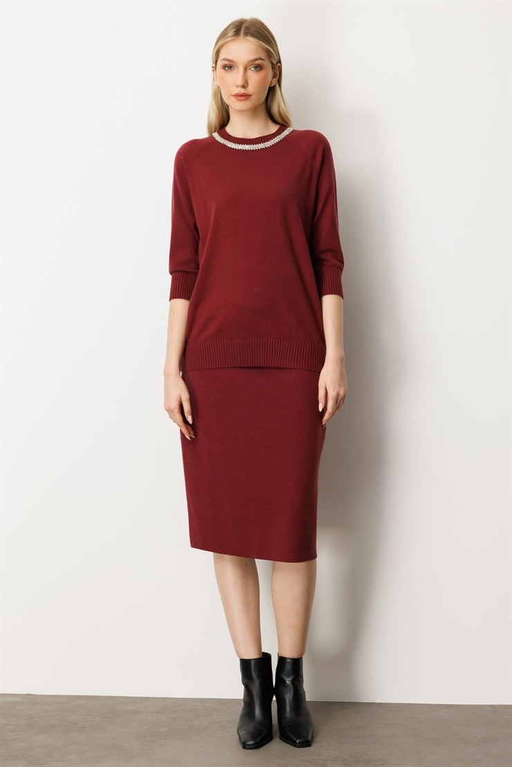 Mutlu Ertan Kadın Düğme Detaylı Triko Etek Bordo 20232