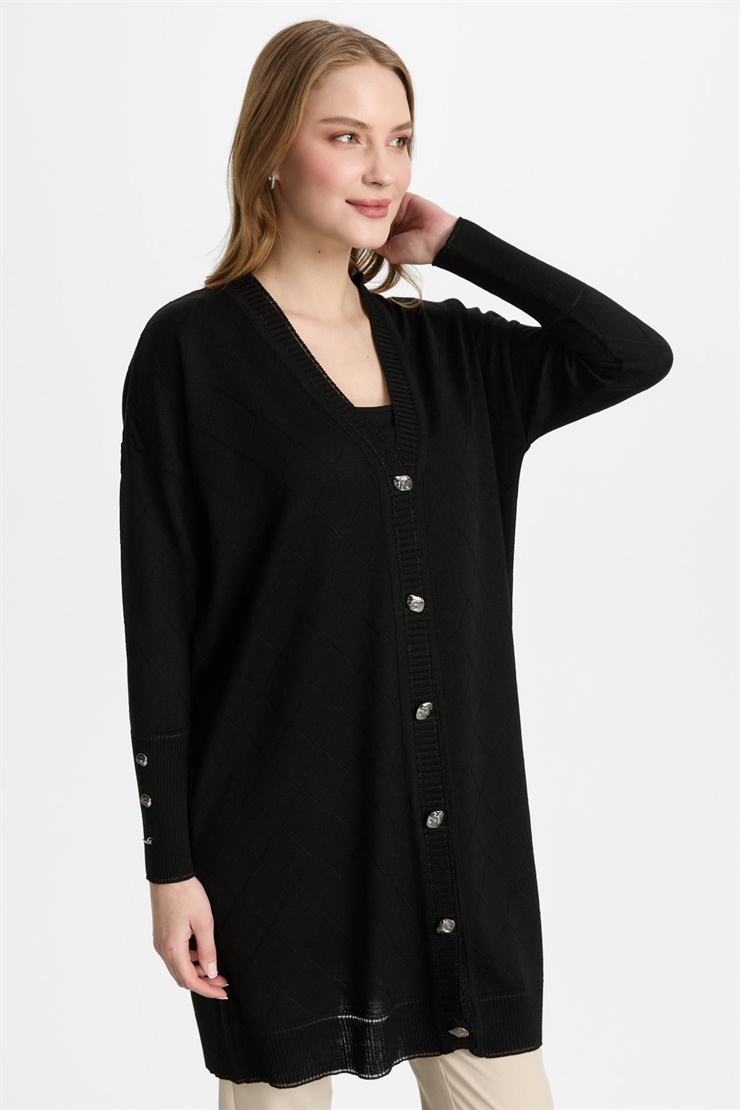 Mutlu Ertan Kadın Düğmeli Baklava Desenli Hırka Siyah 20309