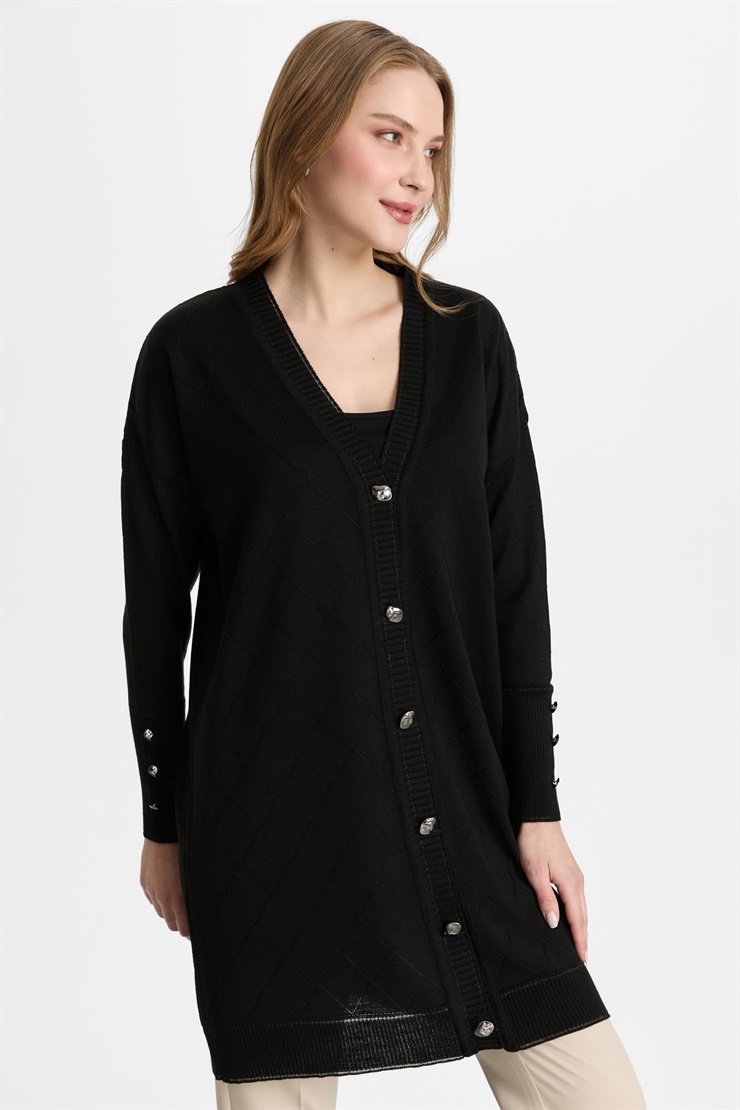 Mutlu Ertan Kadın Düğmeli Baklava Desenli Hırka Siyah 20309