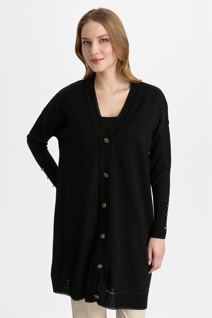 Mutlu Ertan Kadın Düğmeli Baklava Desenli Hırka Siyah 20309