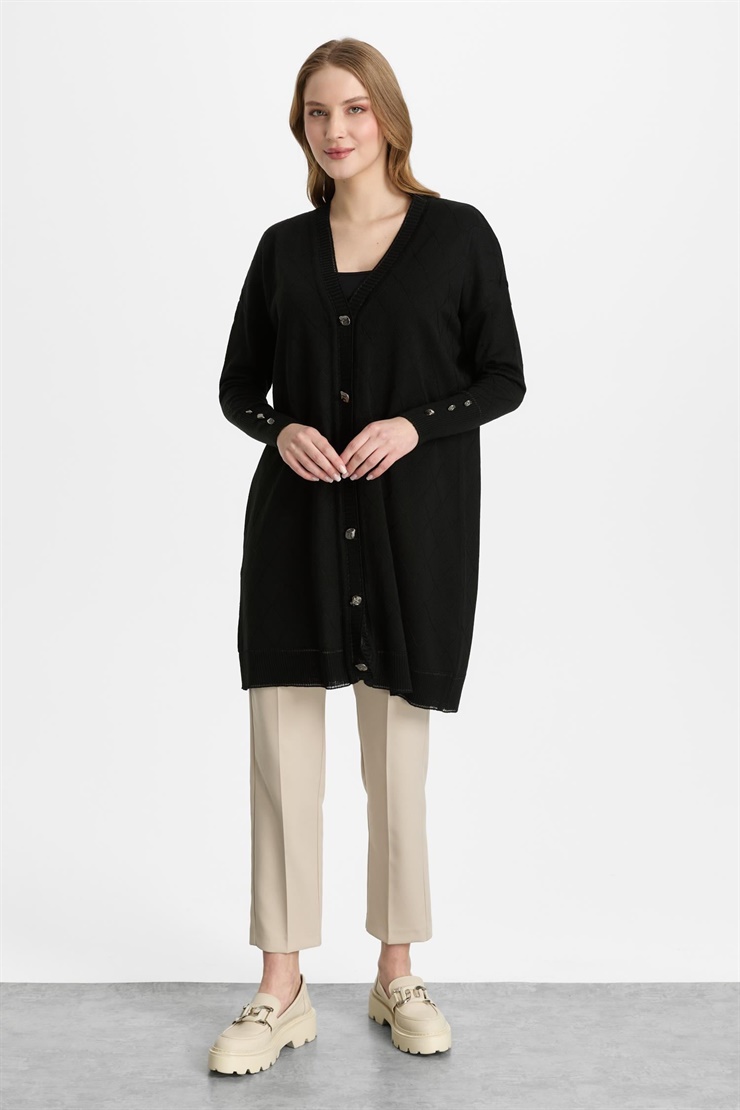 Mutlu Ertan Kadın Düğmeli Baklava Desenli Hırka Siyah 20309