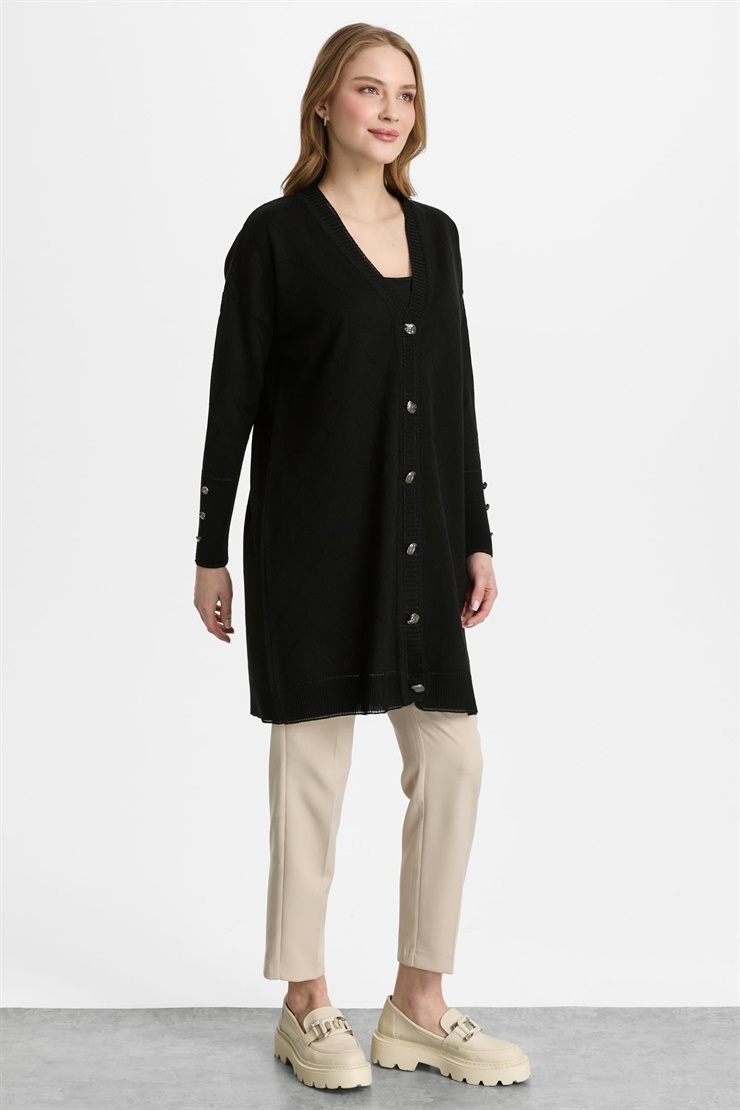 Mutlu Ertan Kadın Düğmeli Baklava Desenli Hırka Siyah 20309