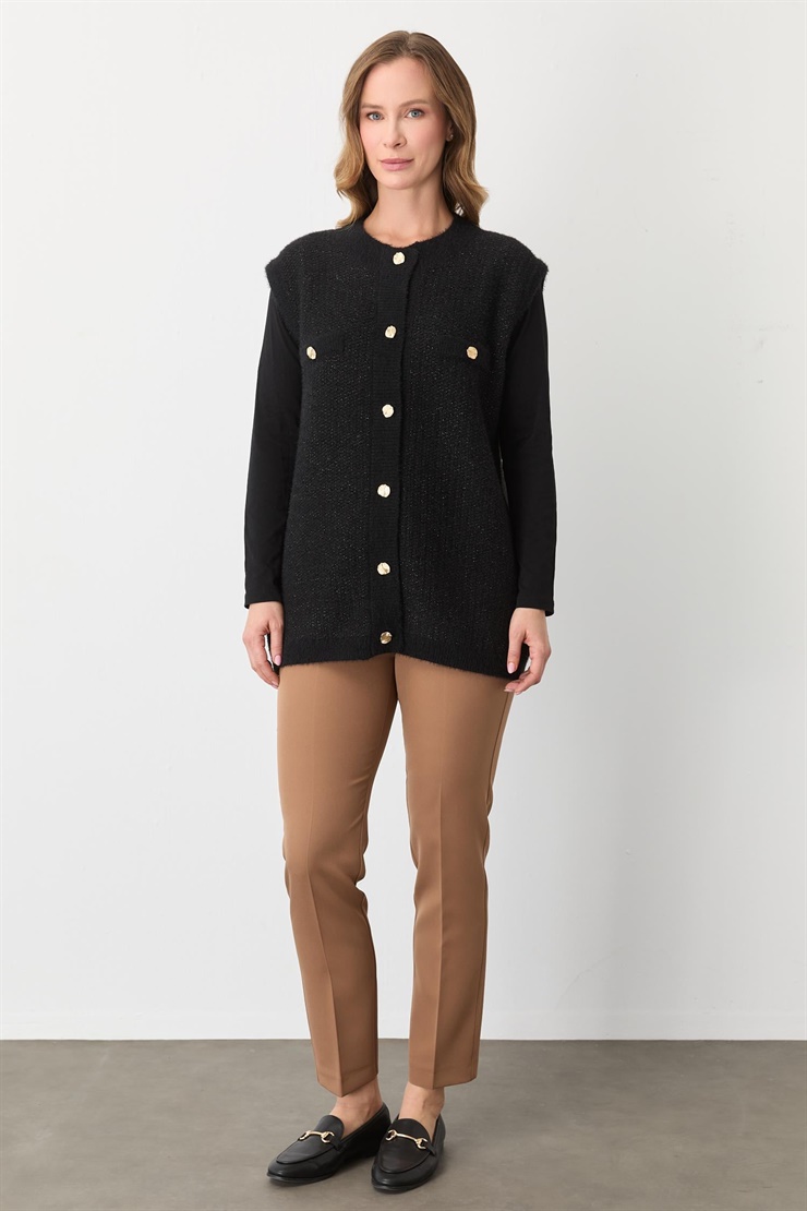 Mutlu Ertan Kadın Düğmeli Pirinç Örgü Yelek Siyah-Gold 20296