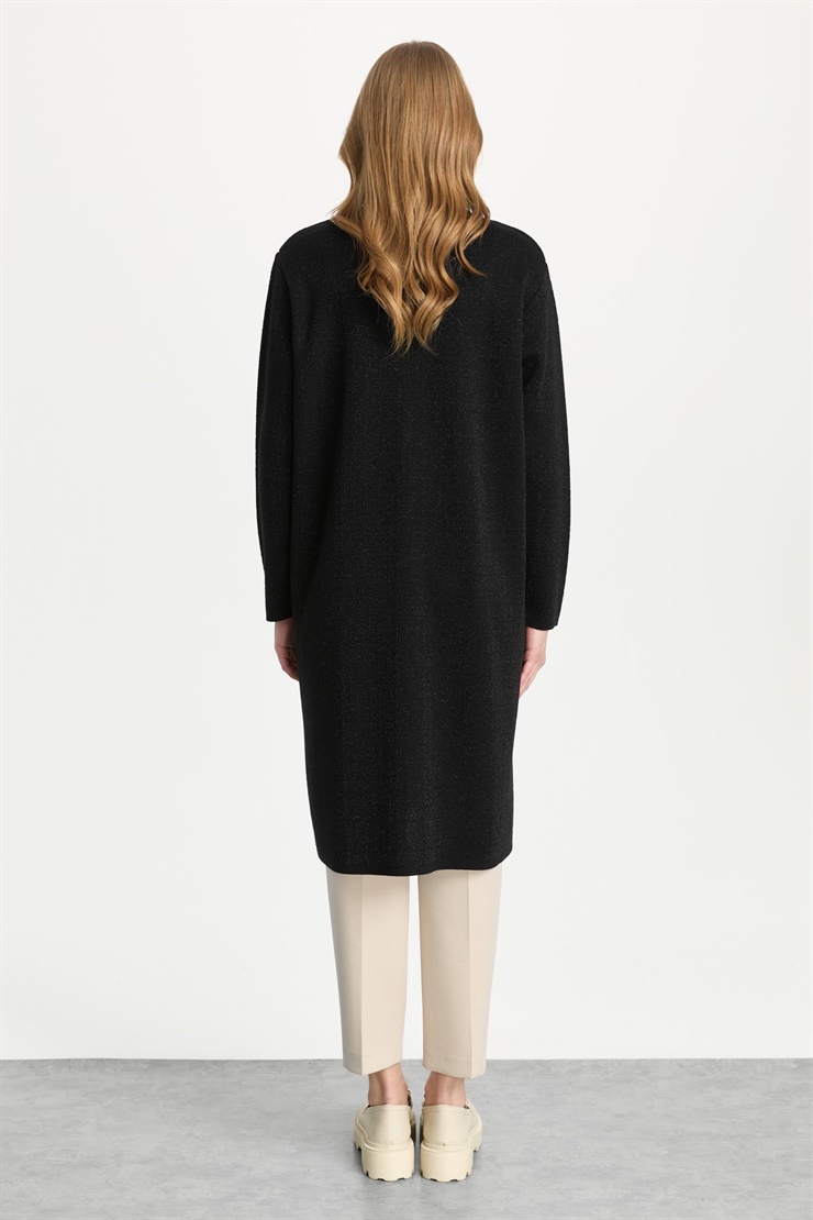 Mutlu Ertan Kadın Düğmeli Simli Uzun Hırka Siyah 20304