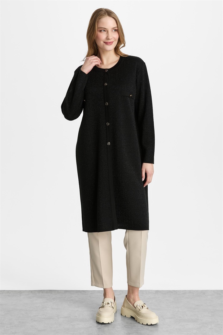 Mutlu Ertan Kadın Düğmeli Simli Uzun Hırka Siyah 20304