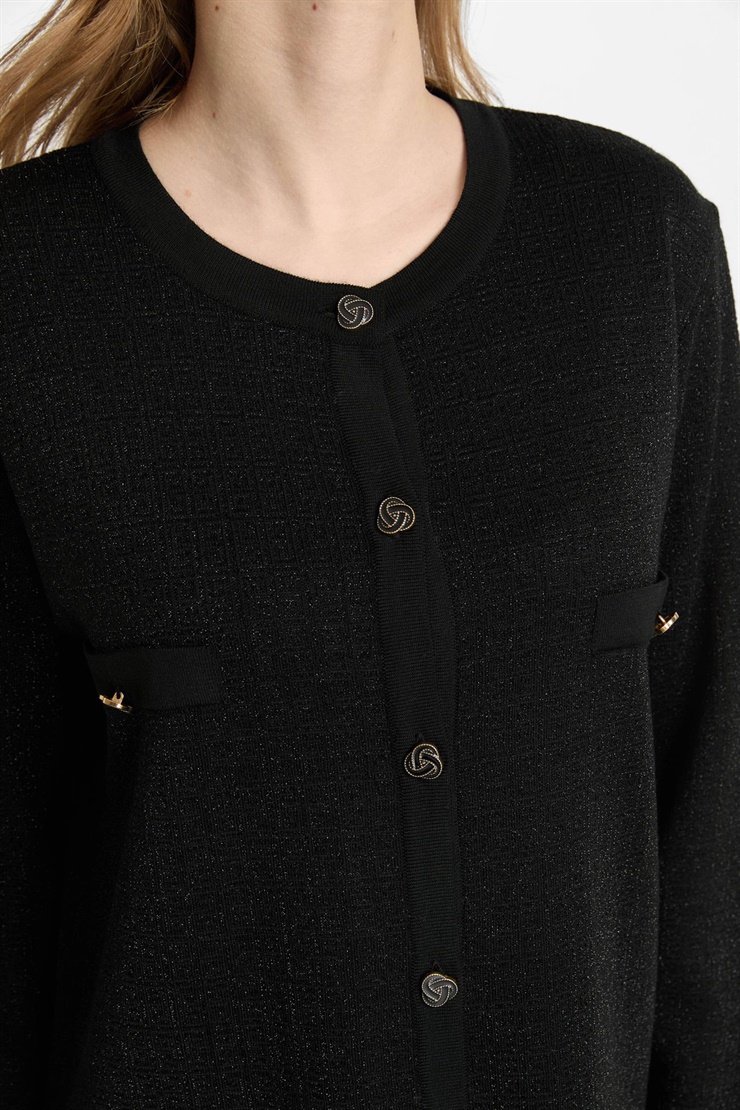 Mutlu Ertan Kadın Düğmeli Simli Uzun Hırka Siyah 20304