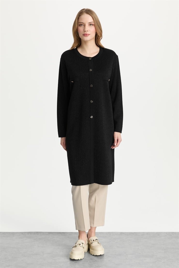 Mutlu Ertan Kadın Düğmeli Simli Uzun Hırka Siyah 20304