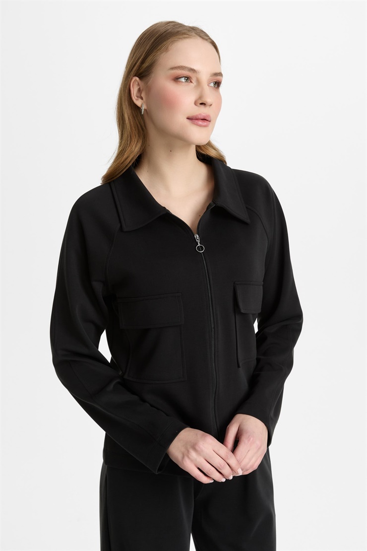 Mutlu Ertan Kadın Fermuarlı Cepli Ceket Siyah 30480