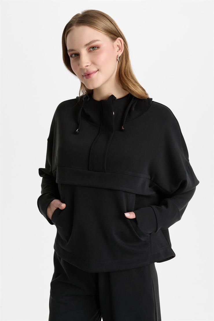 Mutlu Ertan Kadın Fermuarlı Kapüşonlu Sweat Siyah 30477