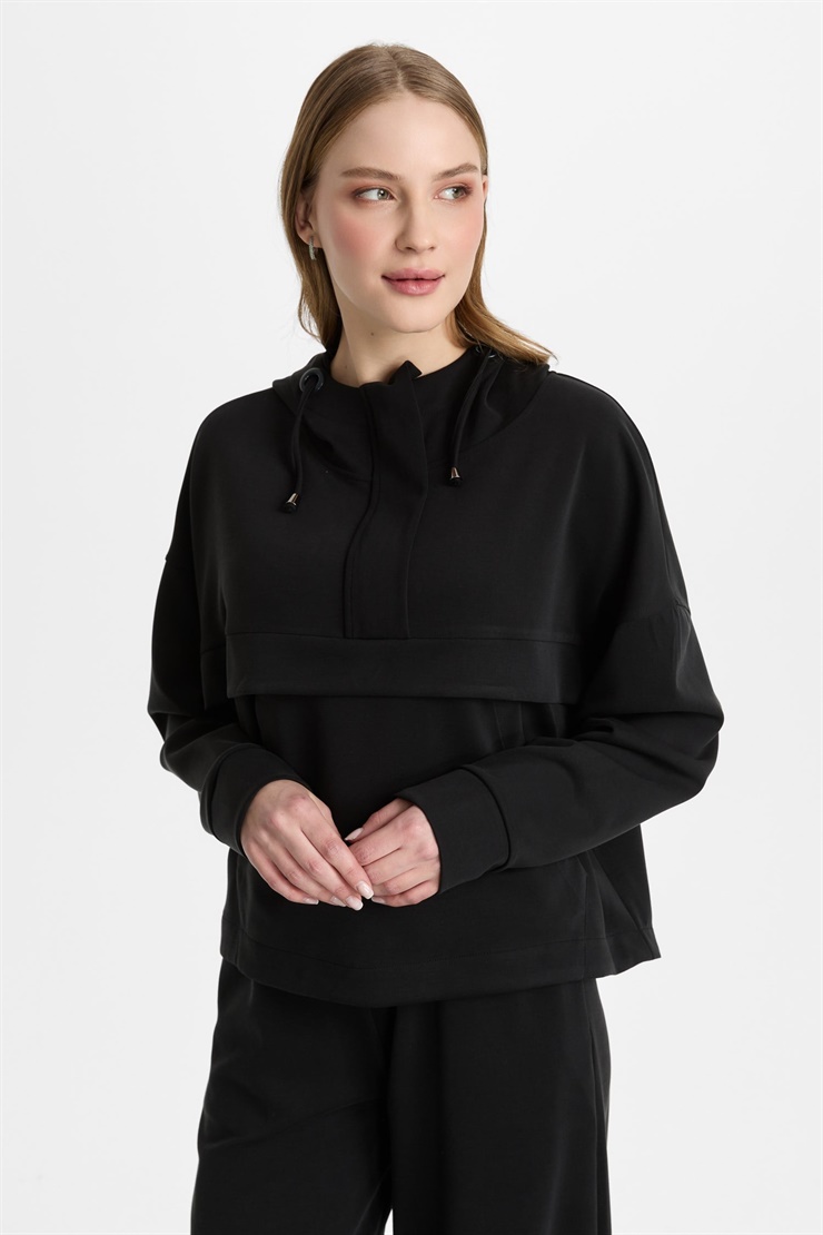 Mutlu Ertan Kadın Fermuarlı Kapüşonlu Sweat Siyah 30477
