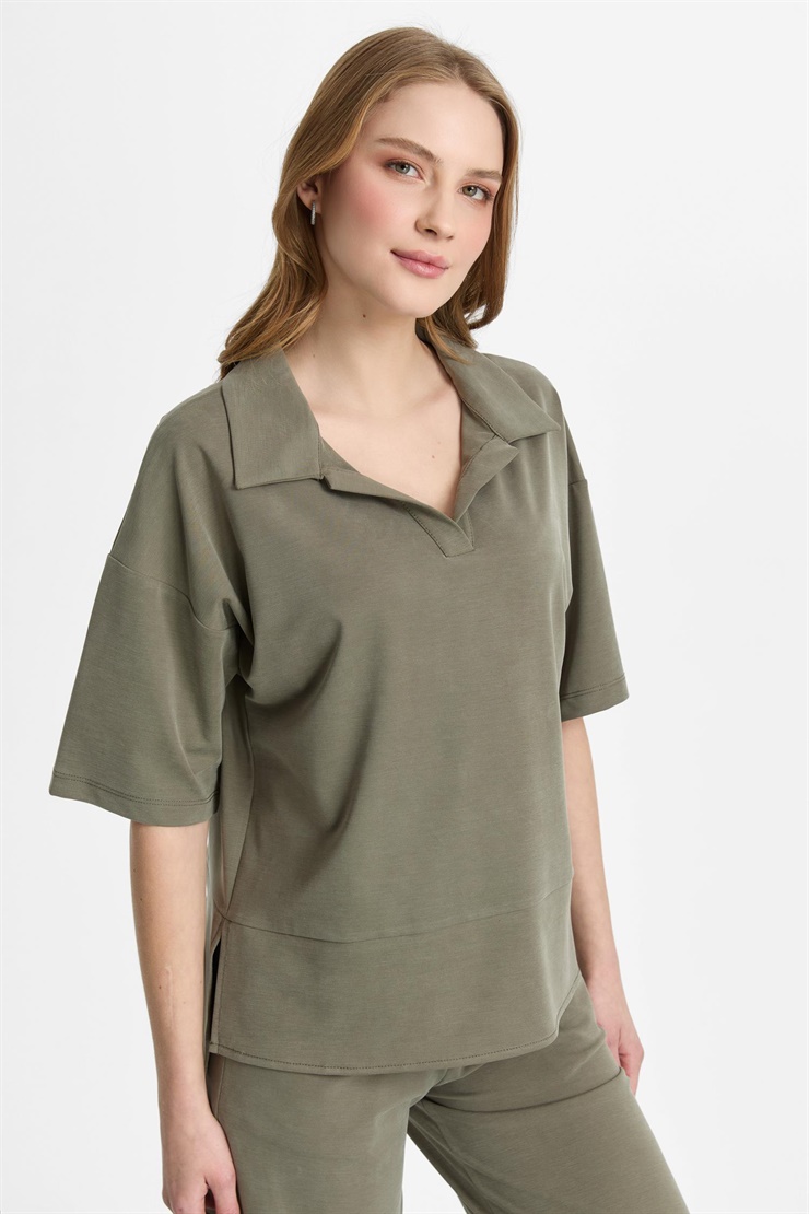 Mutlu Ertan Kadın Gömlek Yaka Bluz Haki 30466