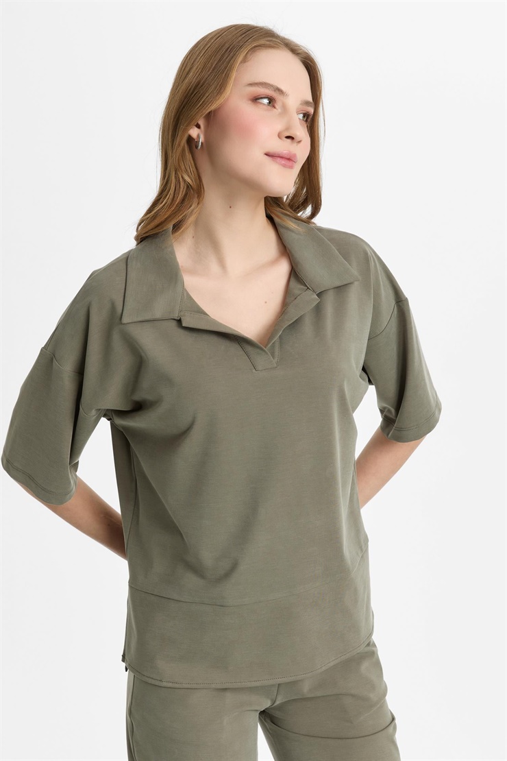 Mutlu Ertan Kadın Gömlek Yaka Bluz Haki 30466
