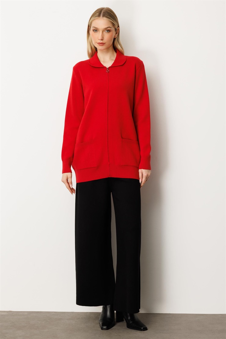 Mutlu Ertan Kadın Gömlek Yaka Fermuarlı Cep Detaylı Triko Hırka Kırmızı 20240