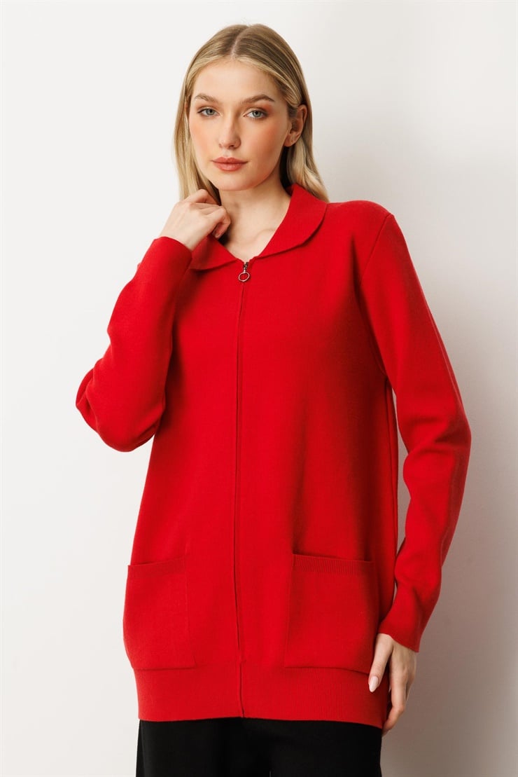 Mutlu Ertan Kadın Gömlek Yaka Fermuarlı Cep Detaylı Triko Hırka Kırmızı 20240