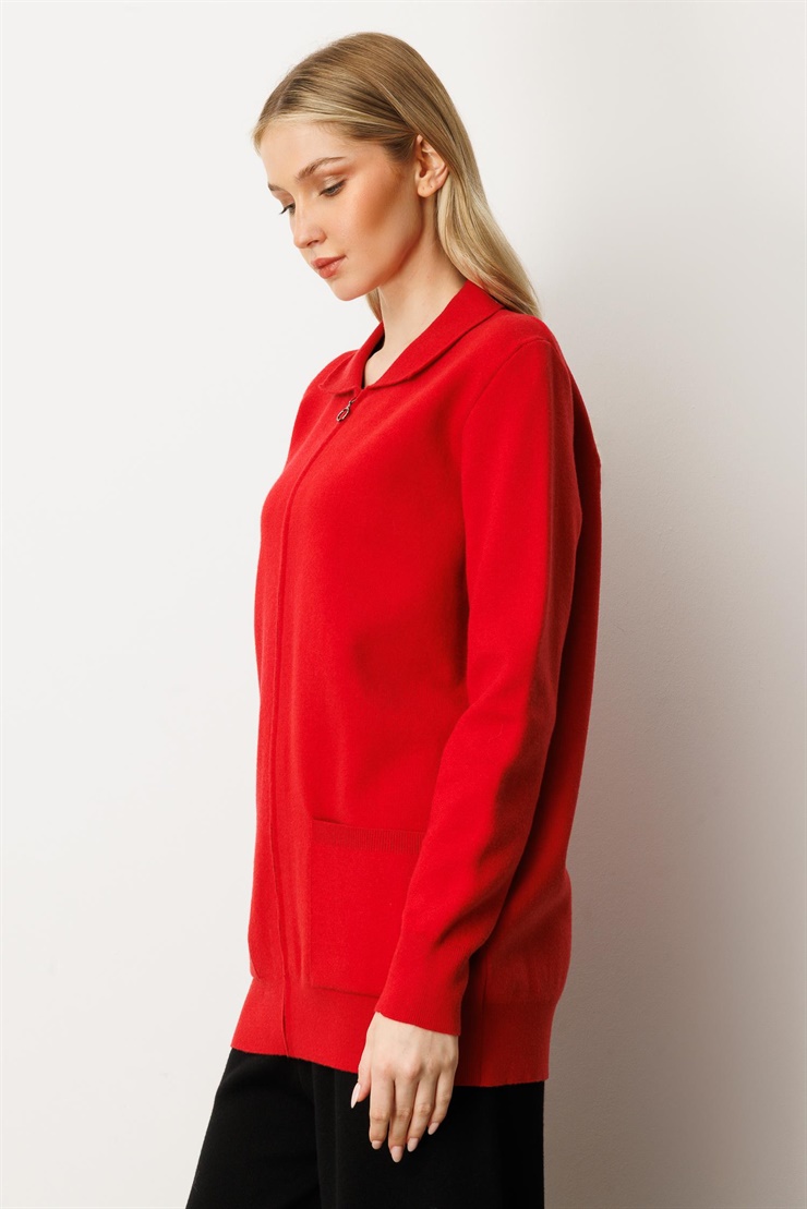 Mutlu Ertan Kadın Gömlek Yaka Fermuarlı Cep Detaylı Triko Hırka Kırmızı 20240