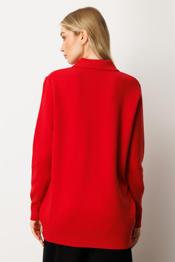 Mutlu Ertan Kadın Gömlek Yaka Fermuarlı Cep Detaylı Triko Hırka Kırmızı 20240
