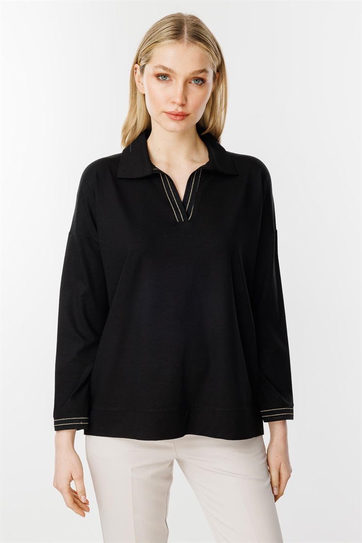 Mutlu Ertan Kadın Gömlek Yaka Ribana Detaylı Bluz Siyah 30331