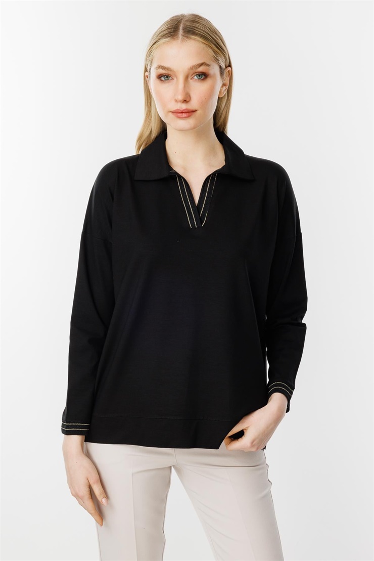 Mutlu Ertan Kadın Gömlek Yaka Ribana Detaylı Bluz Siyah 30331