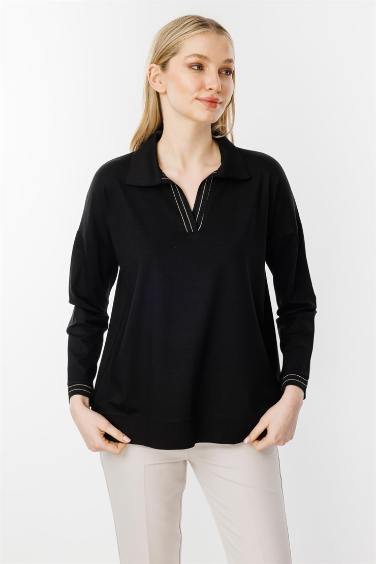 Mutlu Ertan Kadın Gömlek Yaka Ribana Detaylı Bluz Siyah 30331