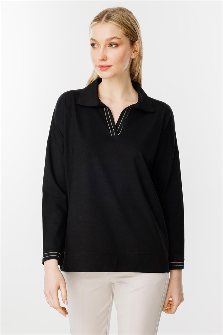 Mutlu Ertan Kadın Gömlek Yaka Ribana Detaylı Bluz Siyah 30331