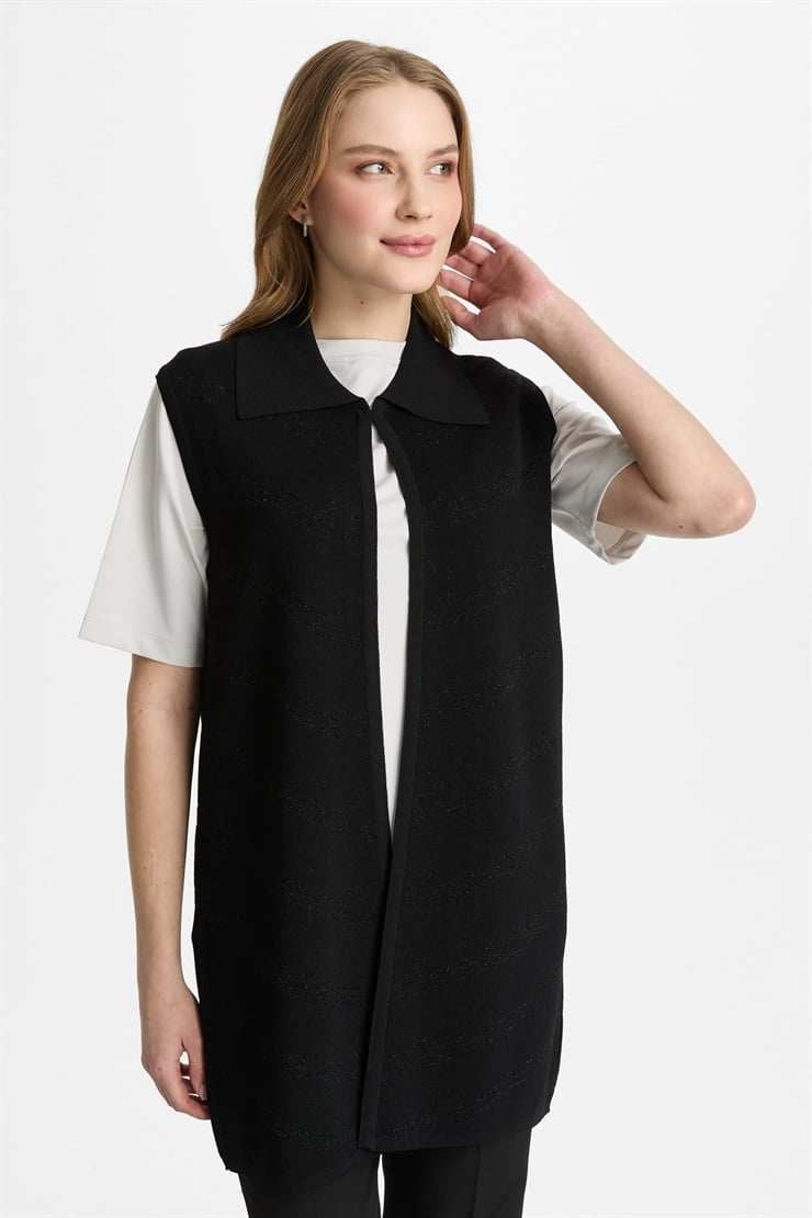 Mutlu Ertan Kadın Gömlek Yaka Simli Yelek Siyah 20306