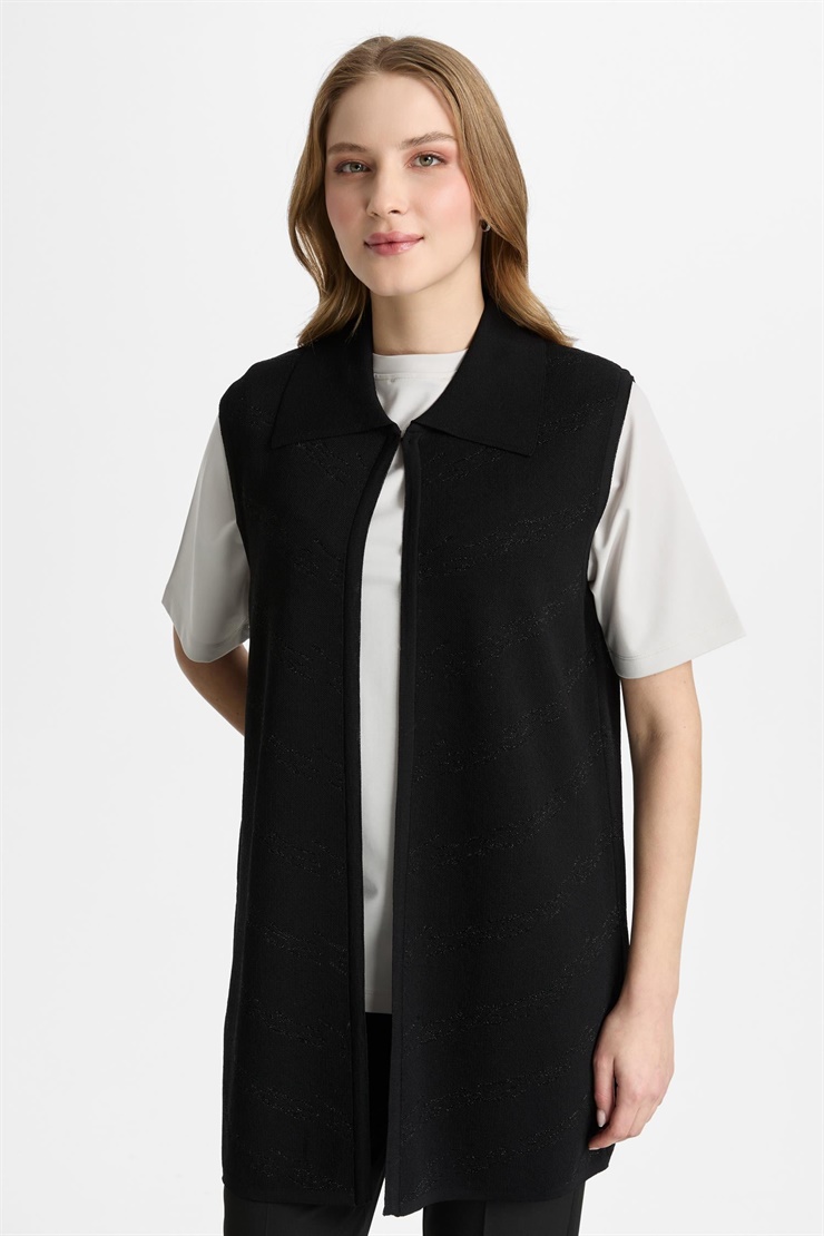 Mutlu Ertan Kadın Gömlek Yaka Simli Yelek Siyah 20306