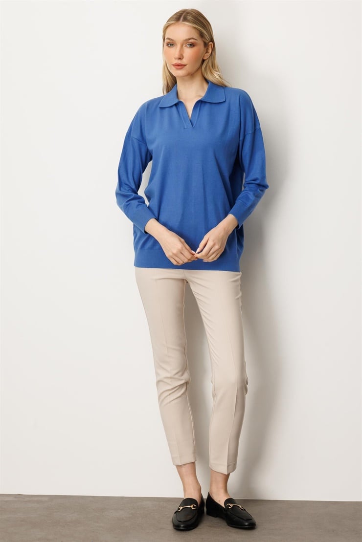 Mutlu Ertan Kadın Gömlek Yaka Triko Bluz Kobalt 20076