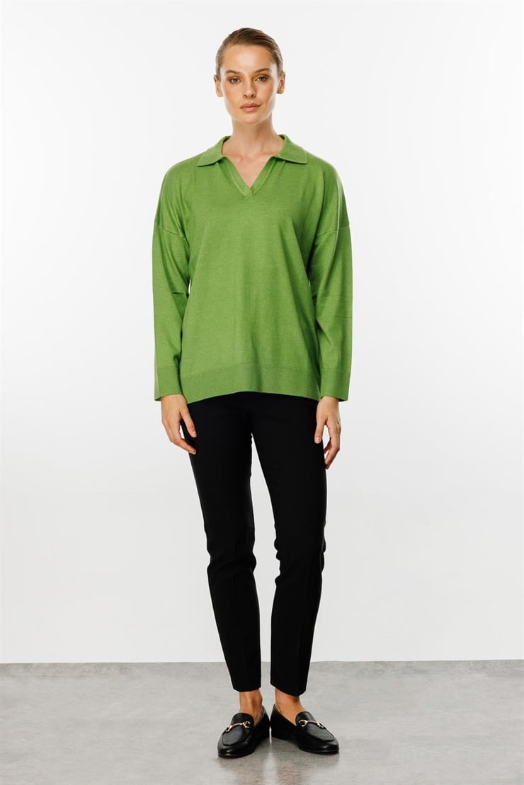 Mutlu Ertan Kadın Gömlek Yaka Triko Bluz Yesil 20076