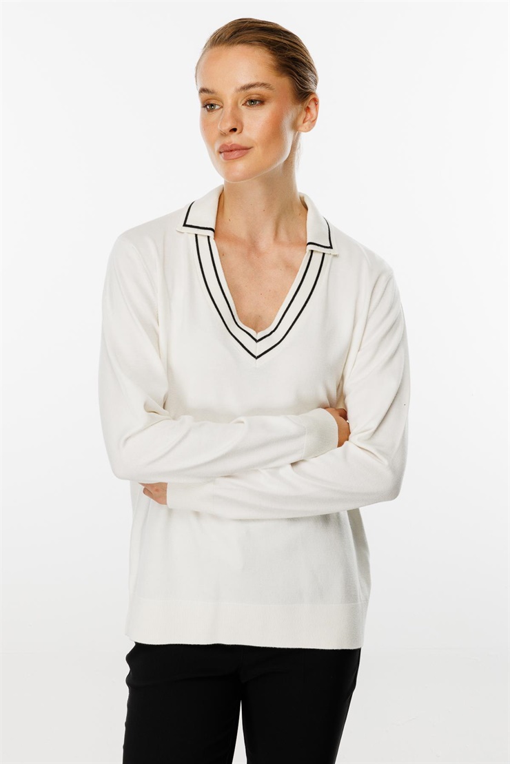 Mutlu Ertan Kadın Gömlek Yaka Triko Bluz Ekru 20131