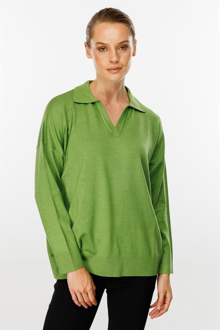 Mutlu Ertan Kadın Gömlek Yaka Triko Bluz Yesil 20076