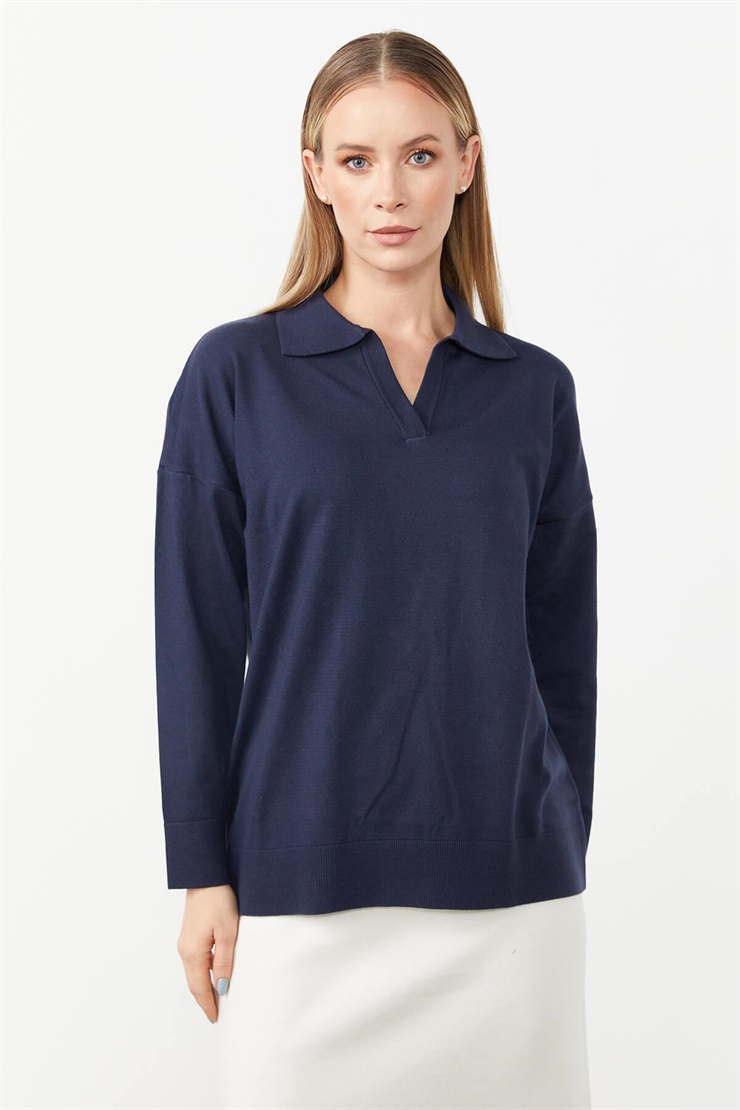 Mutlu Ertan Kadın Gömlek Yaka Triko Bluz Lacivert 20076