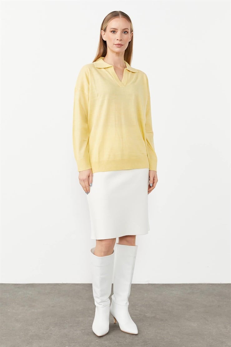 Mutlu Ertan Kadın Gömlek Yaka Triko Bluz Sarı 20086